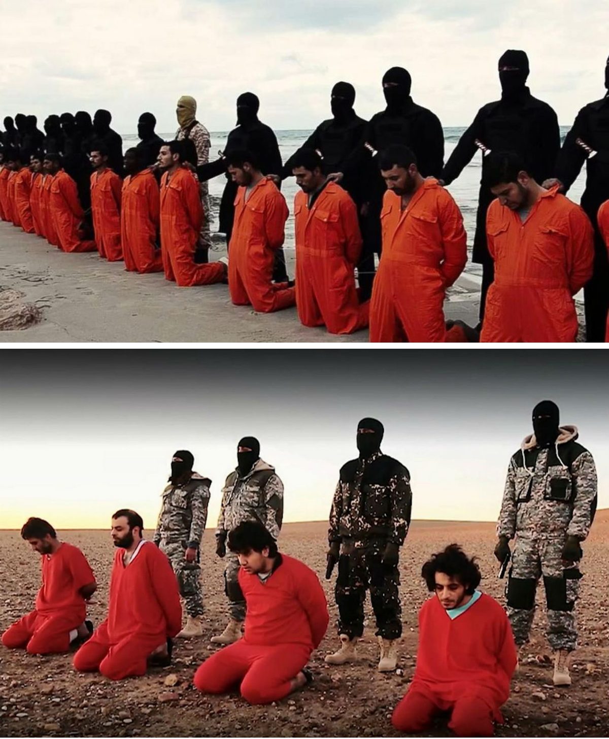 Two frames from ISIS videos, stacked. Top: on a beach, a line of men in orange jumpsuits kneel facing the camera while men in black stand behind each one, knives in their hands; one in the middle wears camouflage and a tan mask. Bottom: in a desert at dusk, four men in orange kneel while four masked men in camouflage stand behind them with pistols.
