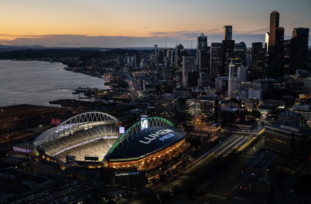 Lumen Field and Seattle’s skyline at sunset