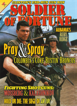 September 1995 cover of Soldier of Fortune magazine, with armed men in front of a military aircraft.