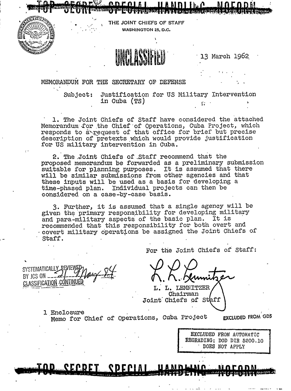 A scanned typewritten page on Joint Chiefs of Staff letterhead, Washington 25, D.C., dated 13 March 1962, stamped UNCLASSIFIED over a struck-through TOP SECRET SPECIAL HANDLING NOFORN header: Memorandum for the Secretary of Defense, Subject: Justification for US Military Intervention in Cuba (TS), three numbered paragraphs, signed L. L. Lemnitzer, Chairman, Joint Chiefs of Staff.