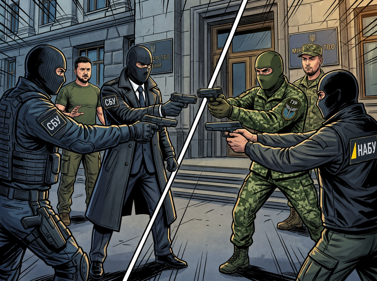 Editorial illustration of rival Ukrainian agencies facing off, with SBU, GUR and NABU patches.