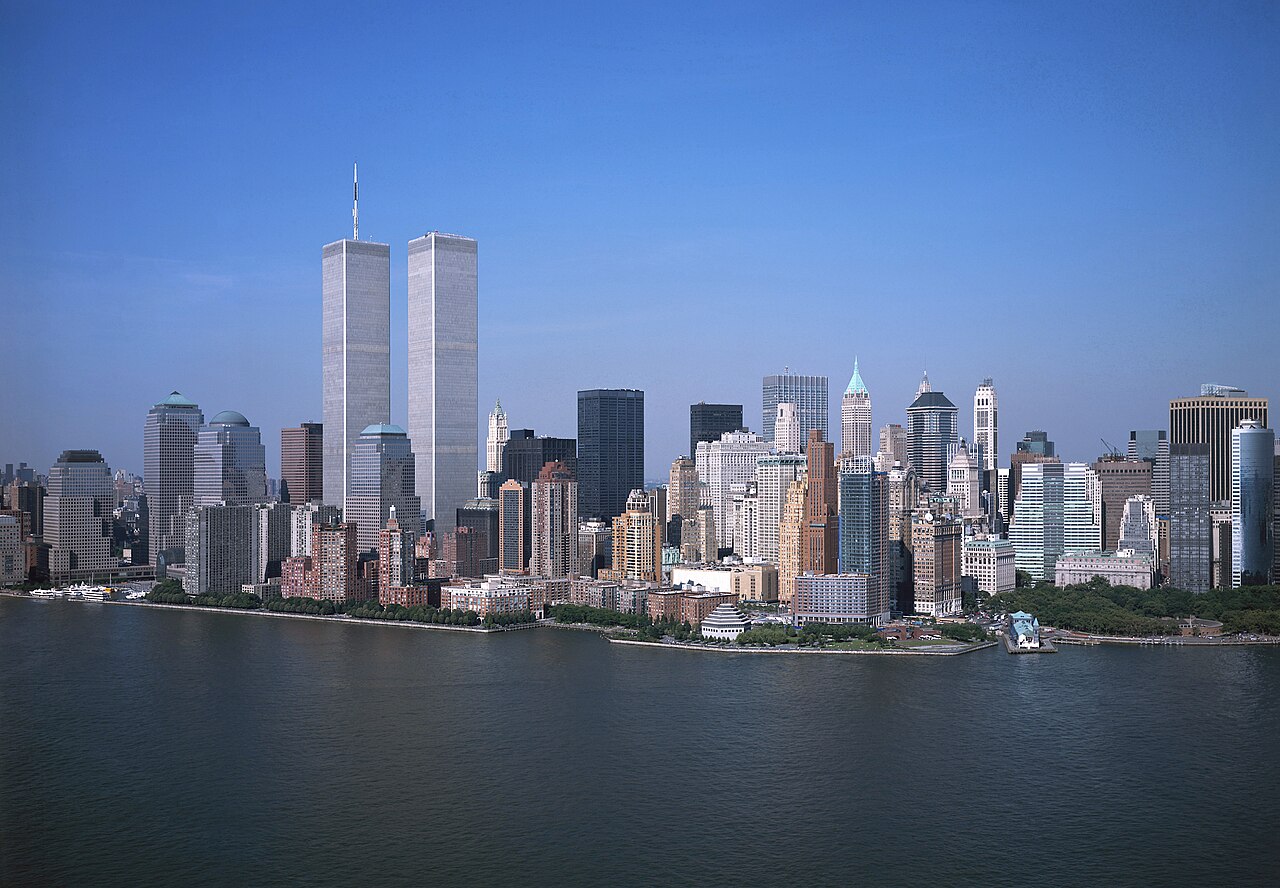 The Twin Towers rise above Lower Manhattan and the waterfront before September 11, 2001.