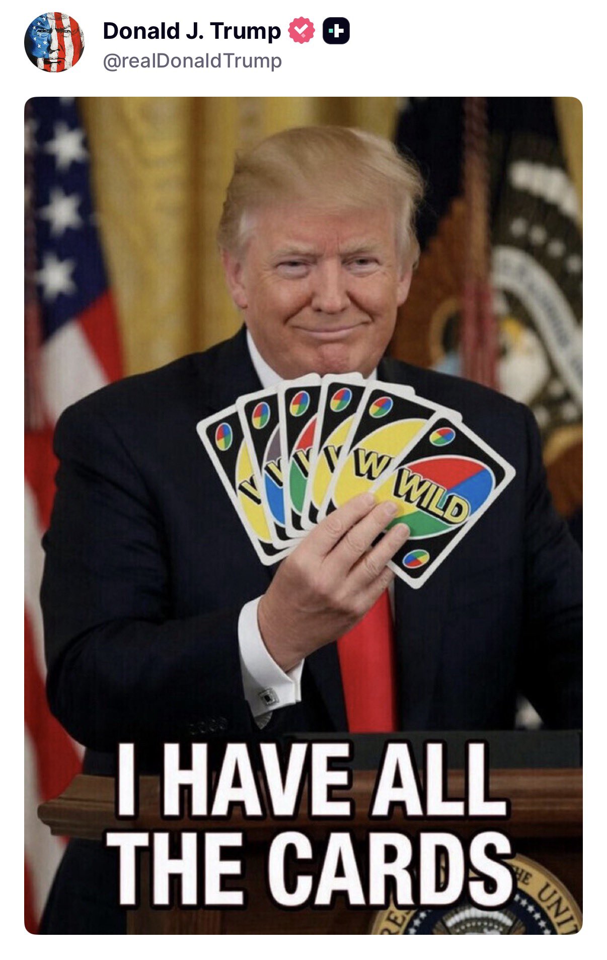 Trump-branded Uno card image: &lsquo;I have all the cards.&rsquo;